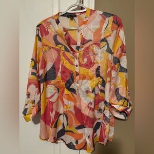 Ava & Grace Abstract Button-Front Tunic - Pink, Yellow & Cream Sz XL
